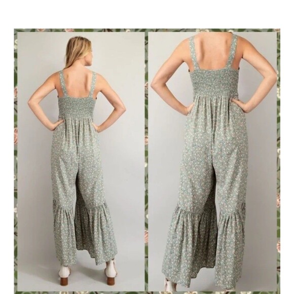 Easel Jumpsuit Womens Green Floral Wide Leg Sleeveless Boho Ruffle Overall L - Picture 2 of 10